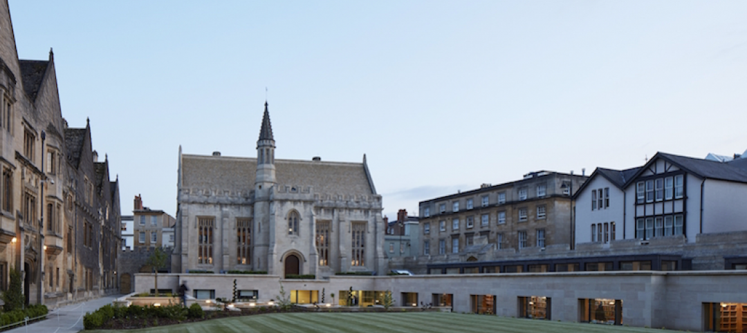 The plinth-like extension and renovated library building