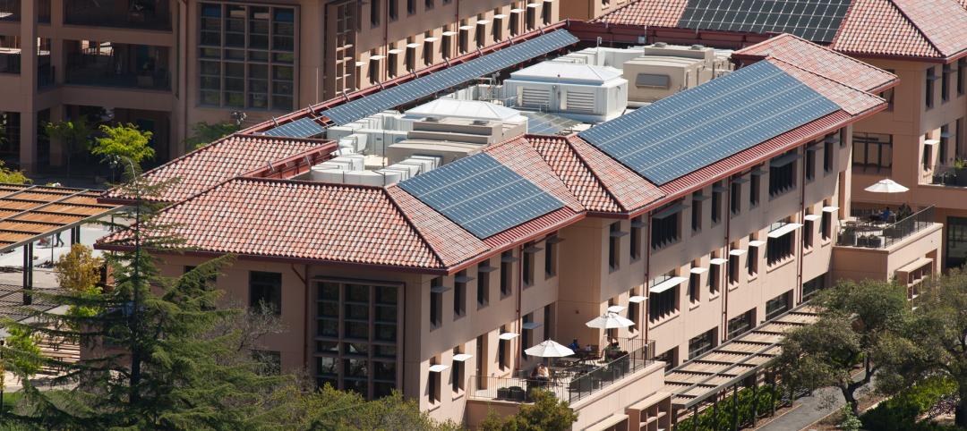 Photovoltaic panels atop the Knight Management Center at the Stanford Graduate S