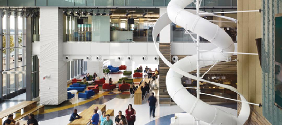 The colorful ribboned flooring at Torontos Corus Quay mimics the iconic corkscr