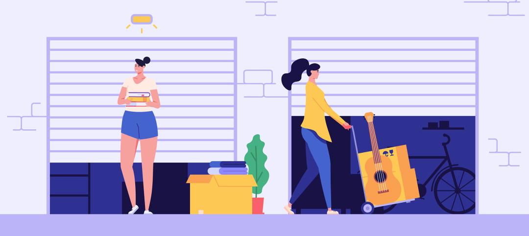 Neighbors keeping personal items in rental self-storage units. Man and women holding boxes. Concept of self storage unit, small mini warehouse, rental garage. Vector illustration in flat design