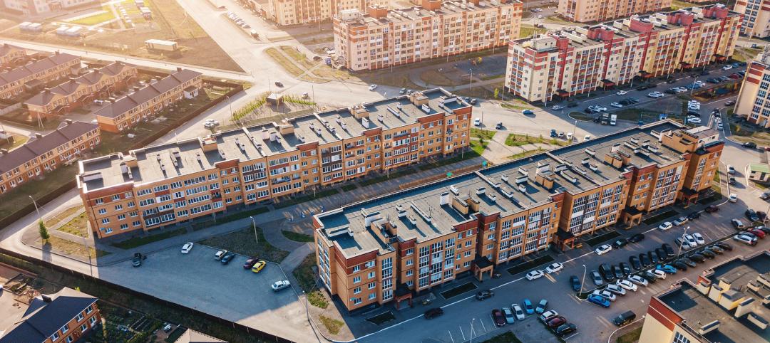 Residential quarter of the aerial suburb with a low-rise new housing development