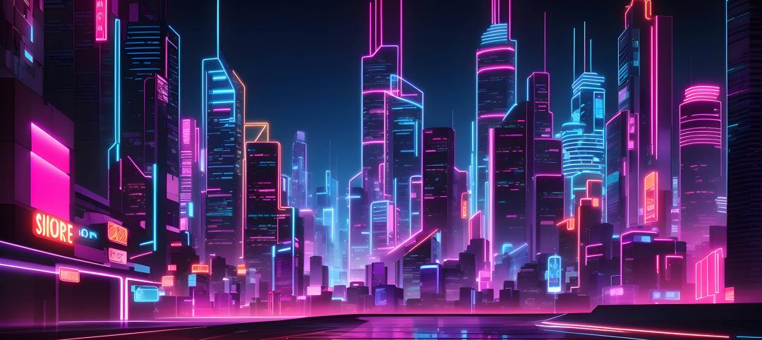 Blue Night city lights. Neon urban future. Rainy Futuristic city in a cyberpunk style. Photorealistic Generative AI illustration. Futuristic skyscrapers with neon lights