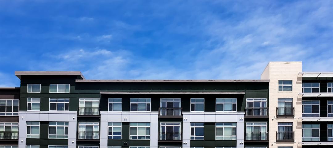 Modern apartment buildings on a sunny day with a blue sky