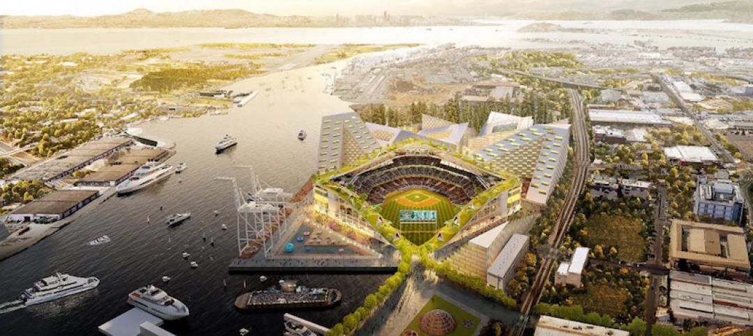 Aerial rendering of Oakland A's new stadium, designed by BIG