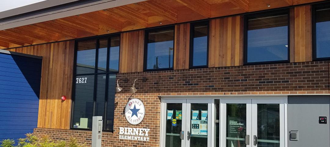 Birney Elementary uses exposed glulam and laminated veneer lumber throughout the school