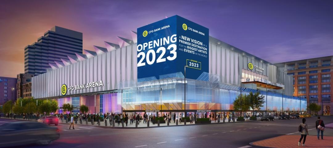 A rendering of CFG Bank Arena in Baltimore, whose $200 million renovation lowered its carbon footprint.