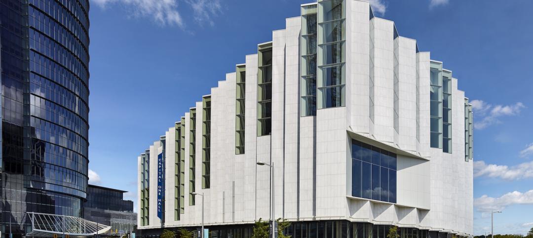 Capital One Hall's exterior features marble cladding and soaring windows.