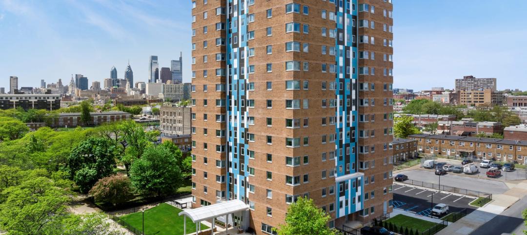 Wide corner view of affordable housing development Harrison Plaza