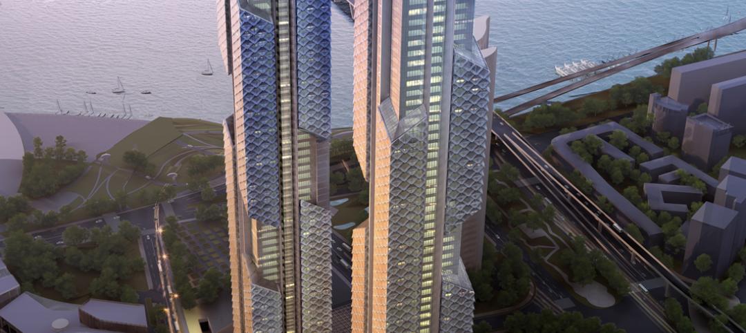 Towers 1 and 2about 450 meters and 390 meters tall, respectivelyshare an archi