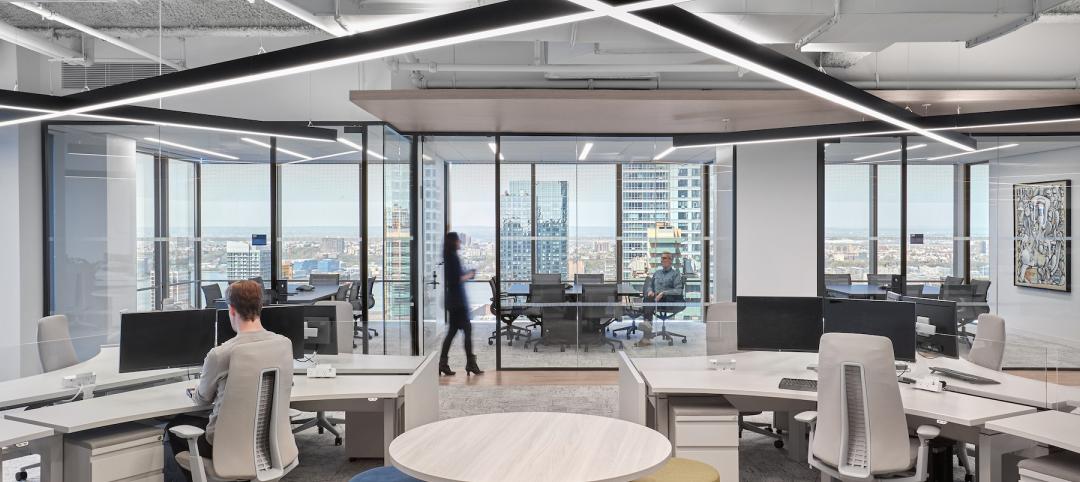 Workstations angled at 120 degrees are part of the open design of Ducera Partners' headquarters.