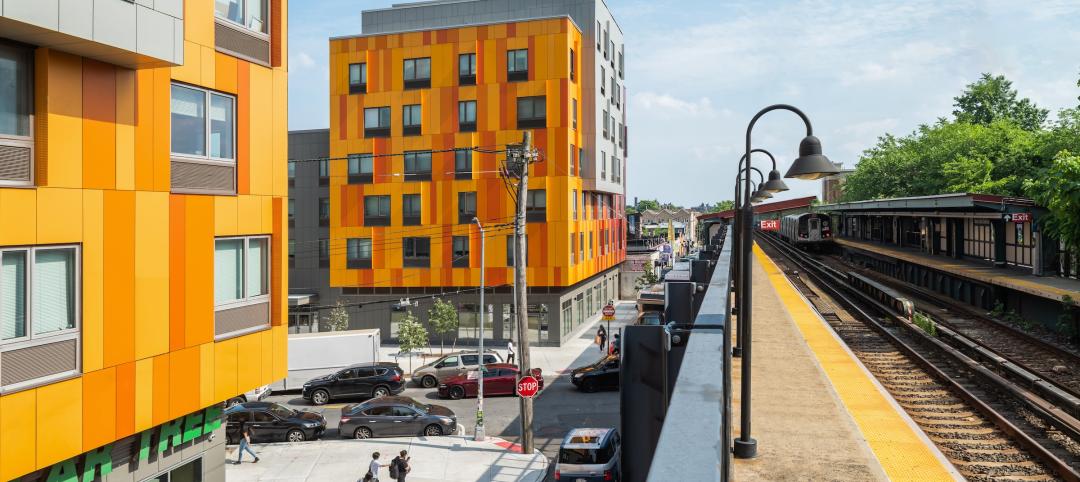 Brooklyn's colorful Van Sinderen Plaza affordable housing project includes retail, public spaces. Photo courtesy GLUCK+