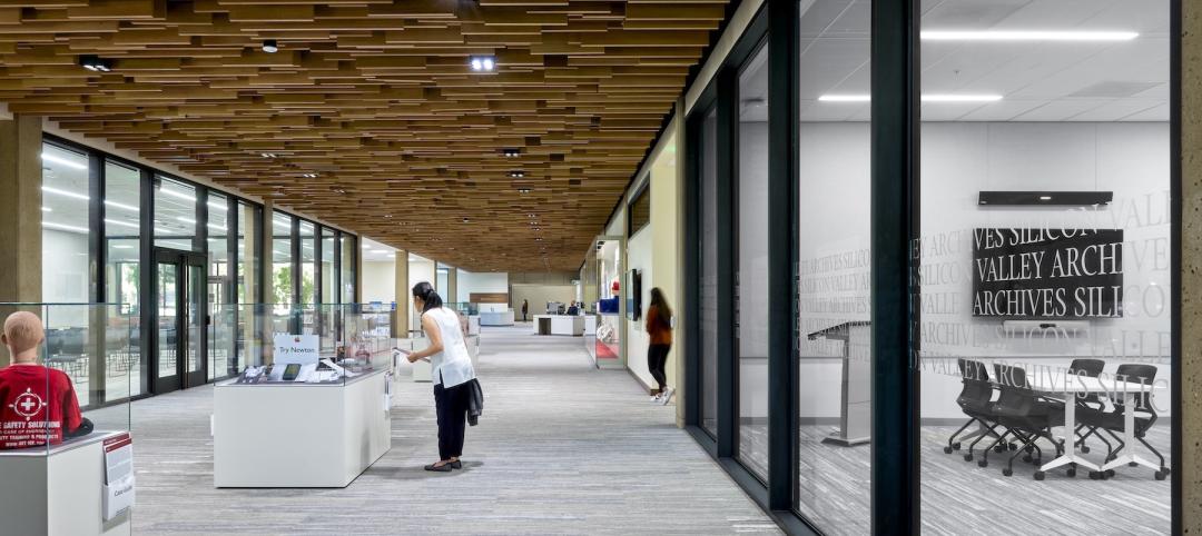 Walnut ceiling that resembles a sine wave in main corridor of Green Library's renovated East Wing