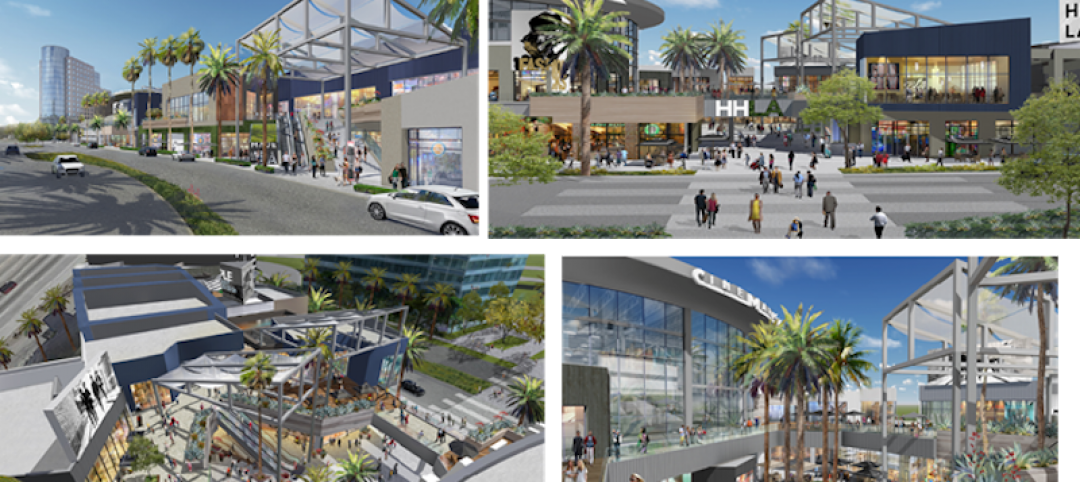 A collage of four renderings showing the new Howard Hughes Center from Laurus Corporation and the Jerde Partnership