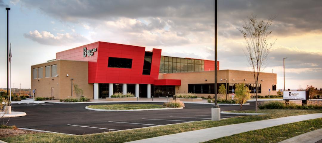 The exterior of a building clad in metal panels