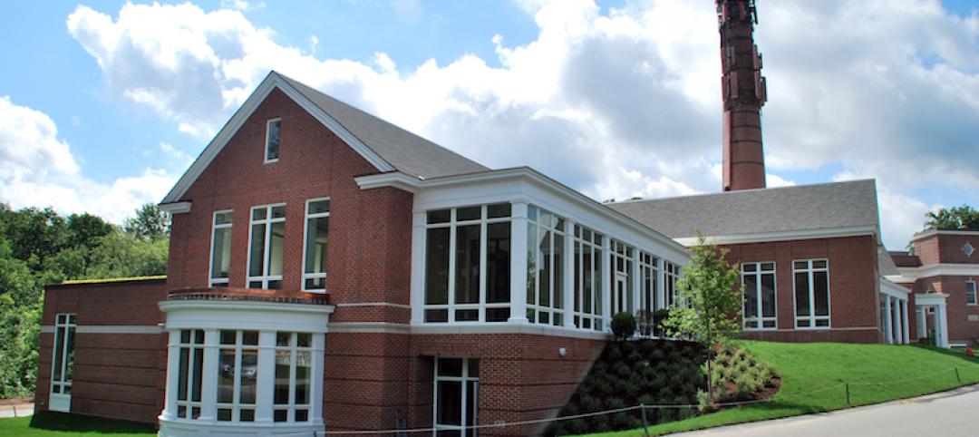 The exterior of the Rachel Carson Music and Campus Center, with the 19th century smokestack visible.