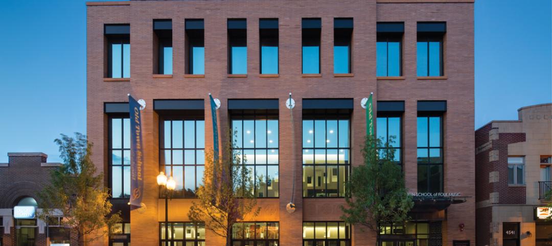 Vertical elements and orange brick on the Old Town Schools new East Building ev