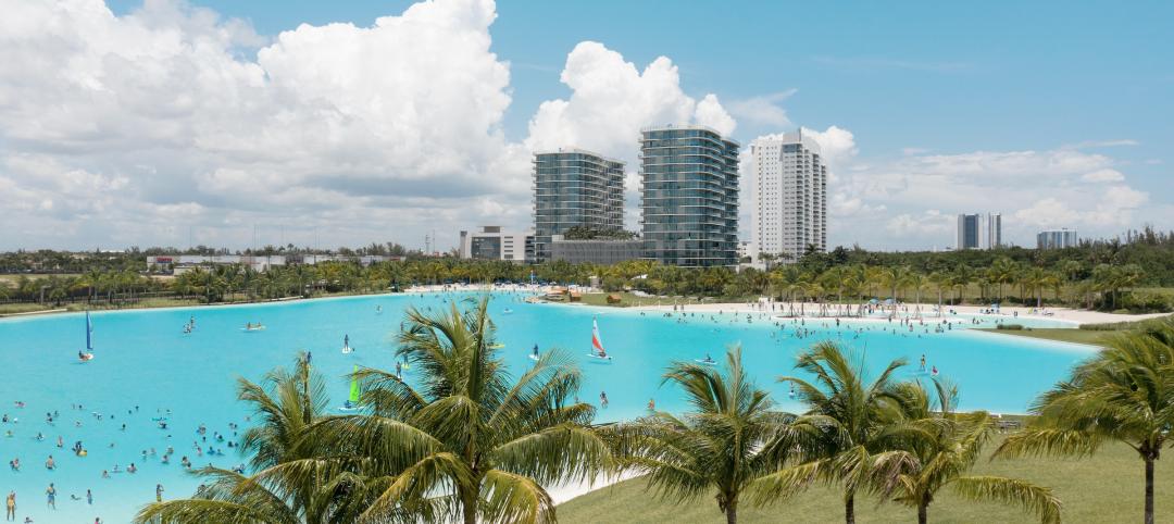 SoLé Mia, North Miami, Fla., is a luxury multifamily community with a seven-acre Crystal Lagoons pool. Photo courtesy Crystal Lagoons