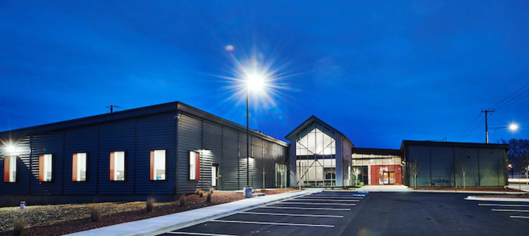 Firehouse Shelter exterior at dusk