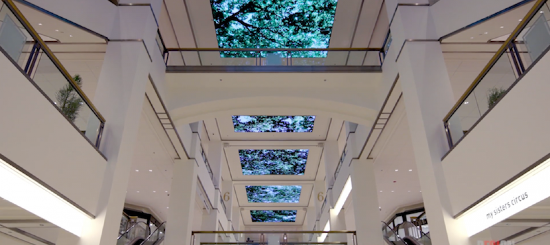 The digital display showing trees swaying in the breeze at 900 North Michigan Shops