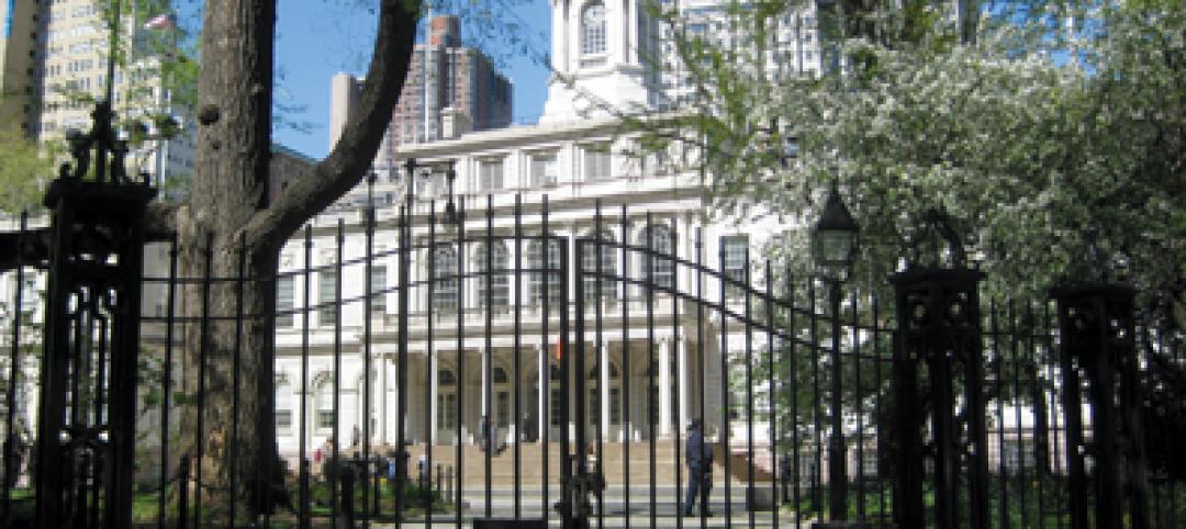 City Hall, as viewed through historic City Hall Park . Designed by architects Jo