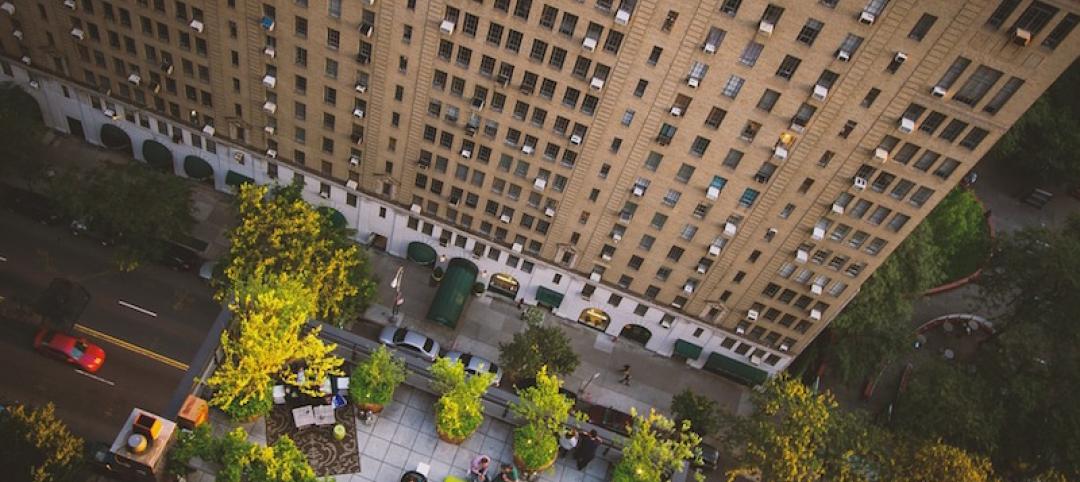 Looking down onto a rooftop terrace in the city