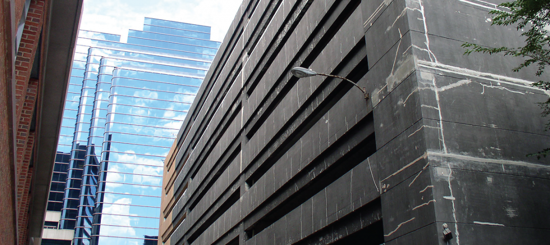 Shear cracks riddle the exterior wall of this urban parking structure. Courtesy Hoffmann Architects