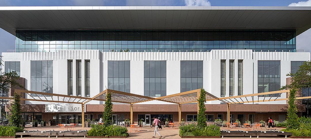 A building with a large glass front.