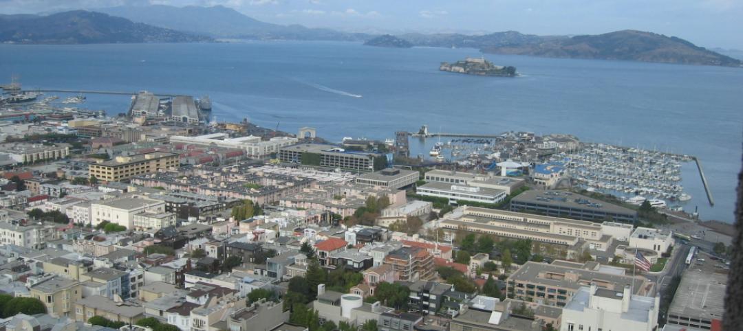 San Francisco, photographed northwards from the Coit Tower with Alcatraz in the 