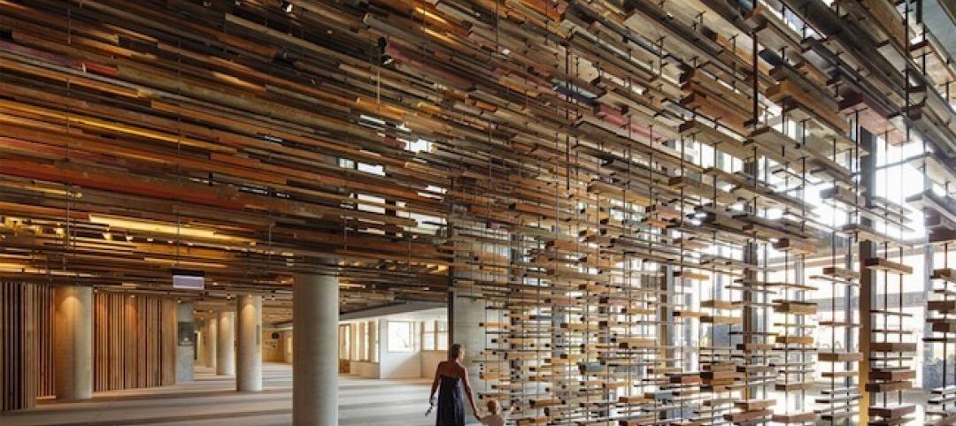 The lobby and staircase use thousands of lengths of repurposed timber. Photo cou